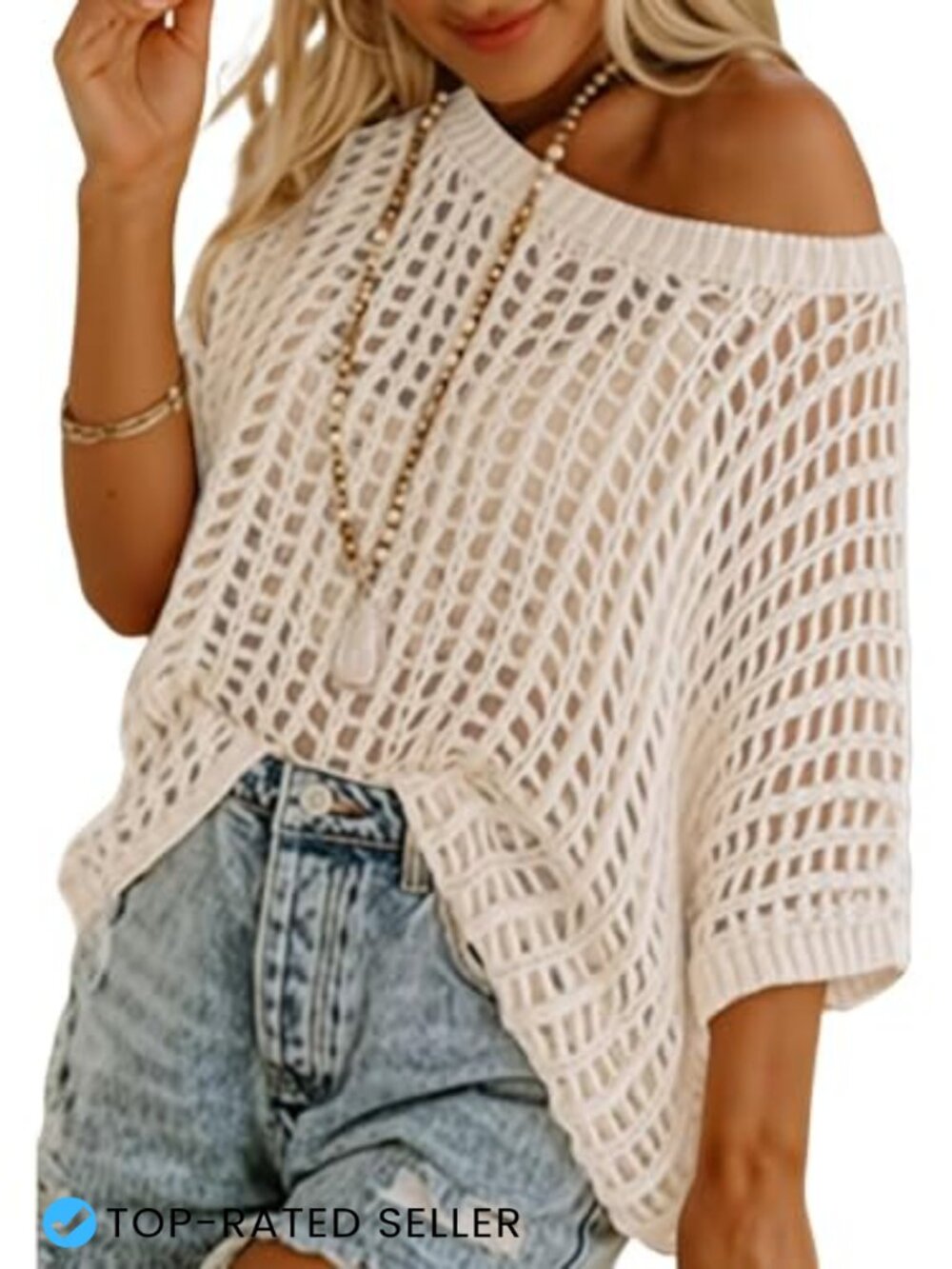 Crochet Off Shoulder Beach Coverup Top Oversized Hollow Out Summer